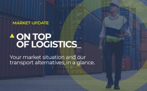 Side by side with the picture of a logistics professional walking through containers, there's Europartners logo and it's written: MARKET UPDATE On top of logistics Your market situation and our transport alternatives, in a glance.
