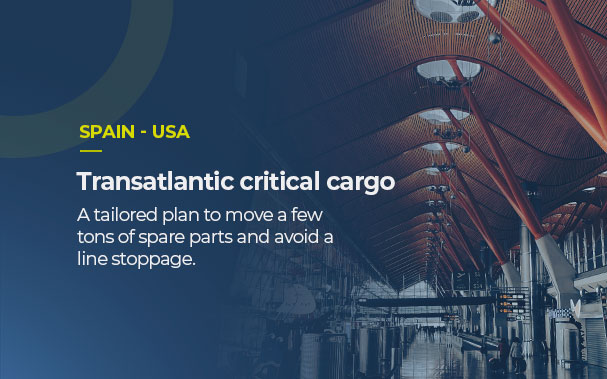 Over a picture of Barajas Airport, in Madrid, it is written SPAIN to USA, Transatlantic critical cargo. A tailored plan to move a few tons of spare parts and avoid a line stoppage.